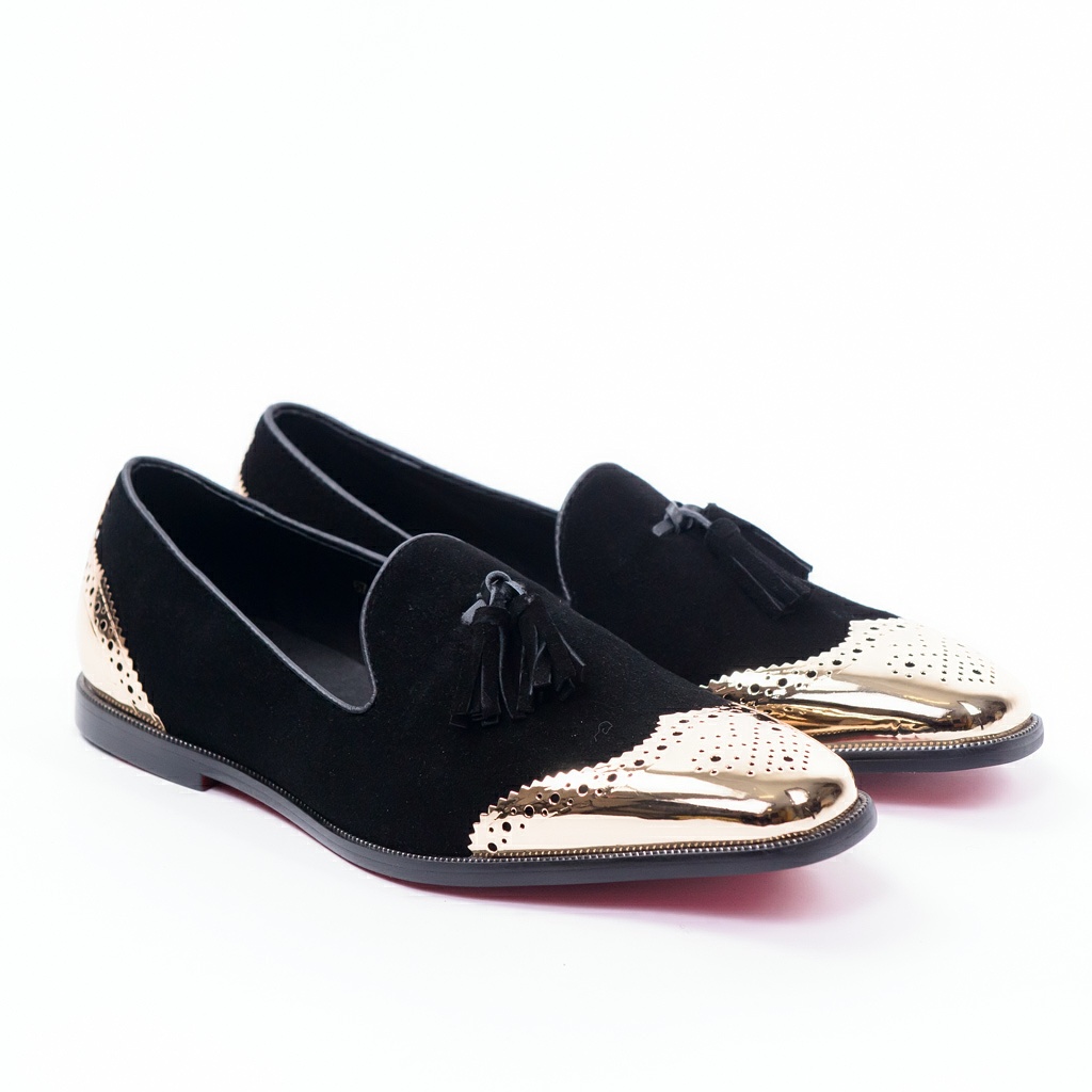 Traclist | Christian Louboutin Suede Black With Gold Toe Cap ...  